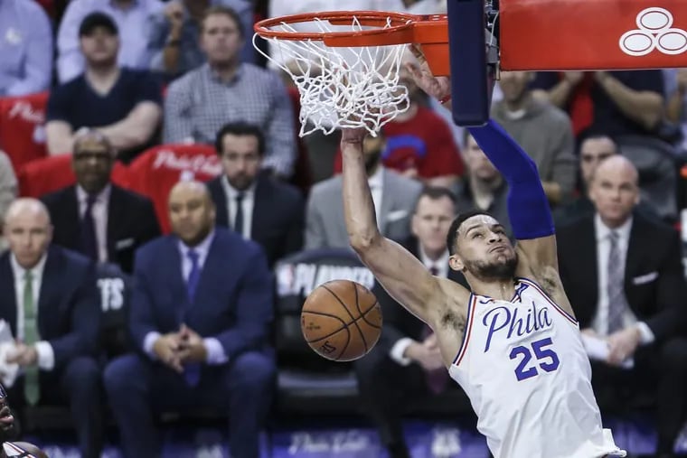 Sixers' Ben Simmons dunks against the Celtics during the 1st quarter of Game 4 of the 2018 Eastern Conference Semifinals at the Wells Fargo Center in Philadelphia, Monday, May 7, 2018.