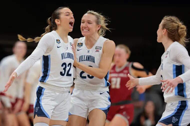 Bella Runyan (left) shot a perfect 4-for-4 from the three-point line to help lift the Villanova over St. Joe's in the WBIT quarterfinal matchup.