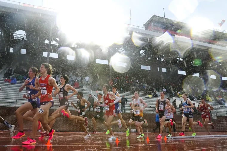 The high school boys’ 3000-meter championship race takes place on the second day of the 2023 Penn Relays at Franklin Field on April 28, 2023.