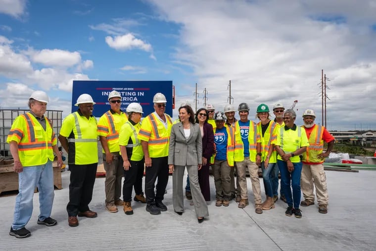 Vice President Kamala Harris and Acting Secretary of Labor Julie Su visit the construction site of a new ramp to connect Interstate 95 to the Betsy Ross Bridge on Tuesday.