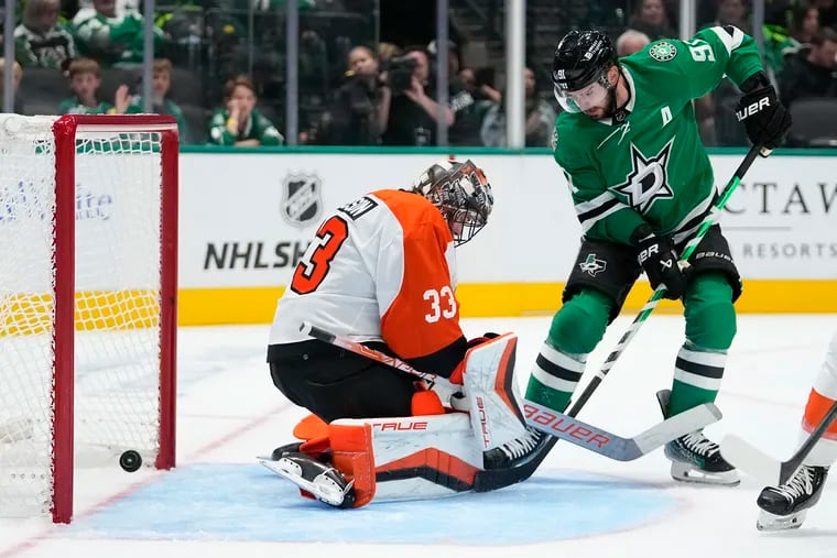 A shot by Dallas Stars center Tyler Seguin gets by Flyers goaltender Samuel Ersson (33) for a goal during the first period on Oct. 21 in Dallas.