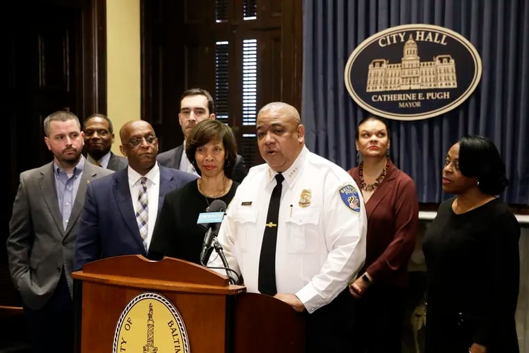 Michael Harrison, acting commissioner of the Baltimore Police Department, speaks at an introductory news conference, Monday, Feb. 11, 2019, in Baltimore. Harrison, the former superintendent of the New Orleans Police Department, started Monday as acting leader weeks before the city council is expected to vote on his nomination as permanent police commissioner
