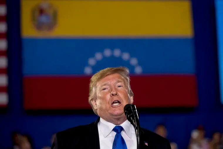 President Donald Trump speaks to a Venezuelan American community at Florida Ocean Bank Convocation Center at Florida International University in Miami, Fla., Monday, Feb. 18, 2019, to speak out against President Nicolas Maduro's government and its socialist policies.