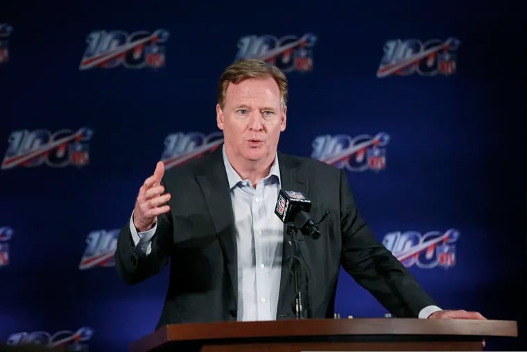 In this May 22, 2019, file photo, NFL Commissioner Roger Goodell speaks to the media during an NFL football owners meeting in Key Biscayne, Fla.
