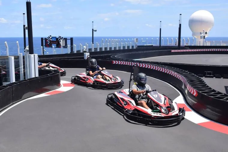 The Norwegian Bliss cruise ship includes a two-level go-cart race track aboard   The karts can travel up to 30 mph.