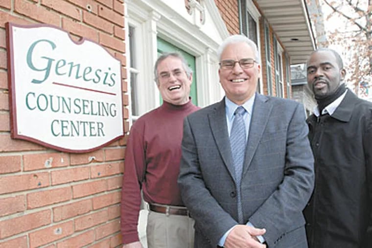 Gambling addicts can get treatment at Genesis Counseling Centers, based in Collingswood, N.J. Seen here, from left are: Clinical Director Kevin Gregan; Executive Director and founder Gabe Guerrieri; and Vice President of Operations Barry Bailey. ( April Saul / Staff Photographer)