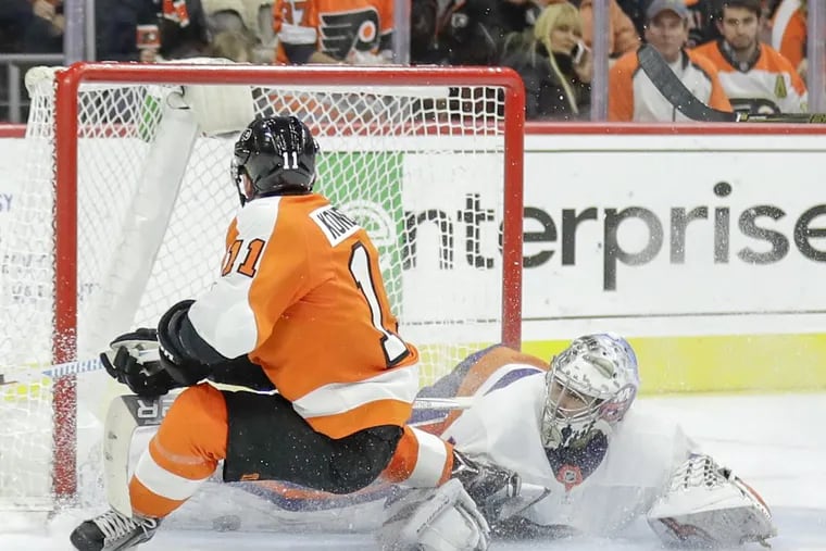 Travis Konecny, shown driving to the net in a game last month against the Islanders, keyed the Flyers’ 4-2 comeback win over Toronto on Tuesday.