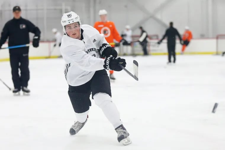 Carson Briere takes a shot during the Flyers' development camp at Flyers Skate Zone in Voorhees in 2019.