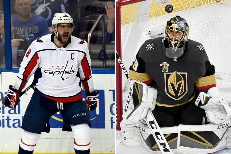 Which franchise will win its first Stanley Cup: Washington, led by Alex Ovechkin (left), or Vegas, with stalwart goalie Marc-Andre Fleury?