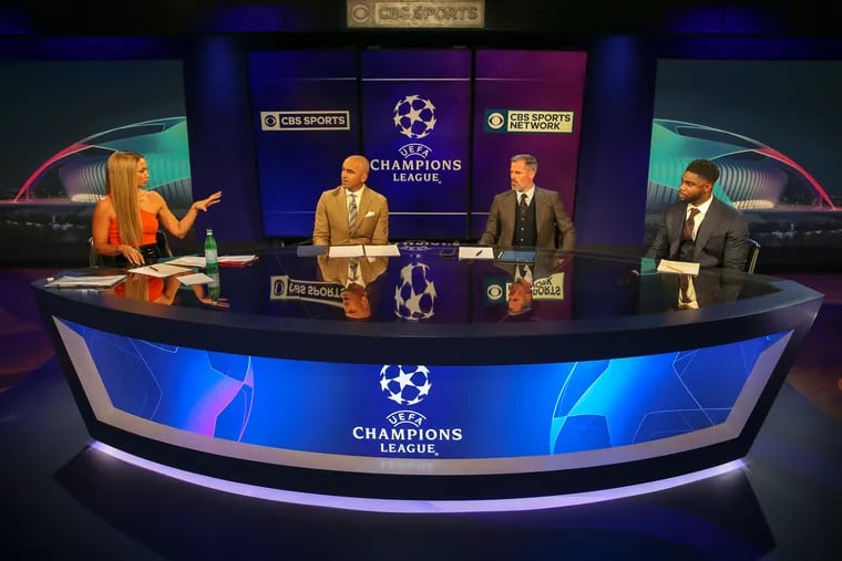 The CBS Sports UEFA Champions League studio crew: from left to right, host Kate Abdo and analysts Roberto Martinez, Jamie Carragher and Micah Richards.