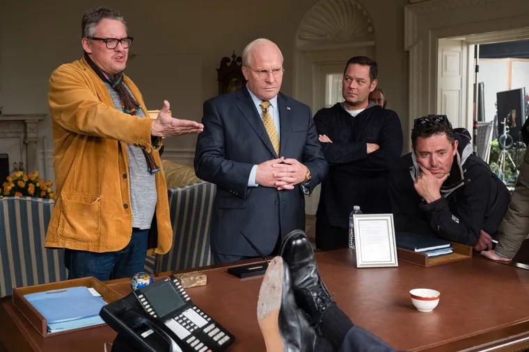 (L to R) Director Adam McKay, actor Christian Bale, producer Kevin Messick, and cinematographer Greig Fraser on the set of VICE, an Annapurna Pictures release.