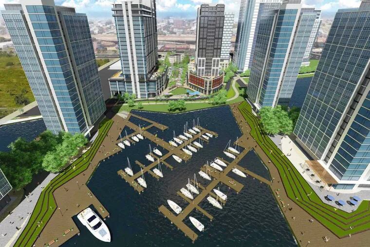 A rendering of a proposed development for K4 Associates on a site partly owned by the Sheet Metal Workers&#039; union along the Delaware.