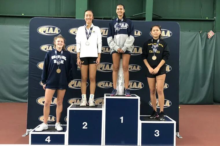 North Penn's Neha Velaga (top) won the PIAA Class 3A girls' tennis champion on Saturday at the Hershey Racquet Club.