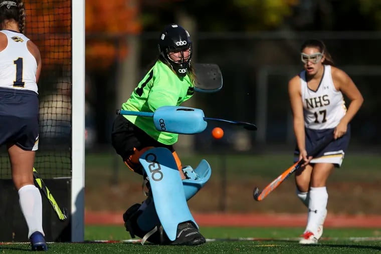 New Hope-Solebuy goalie Lydia Eastburn warms up before the 12-0 shutout victory over Delaware County Christian School in the District 1 Class A quarterfinals on Oct. 23, 2019.