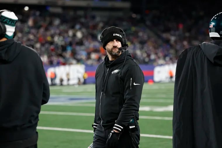 Eagles coach Nick Sirianni walking the sideline during the third quarter against the New York Giants.