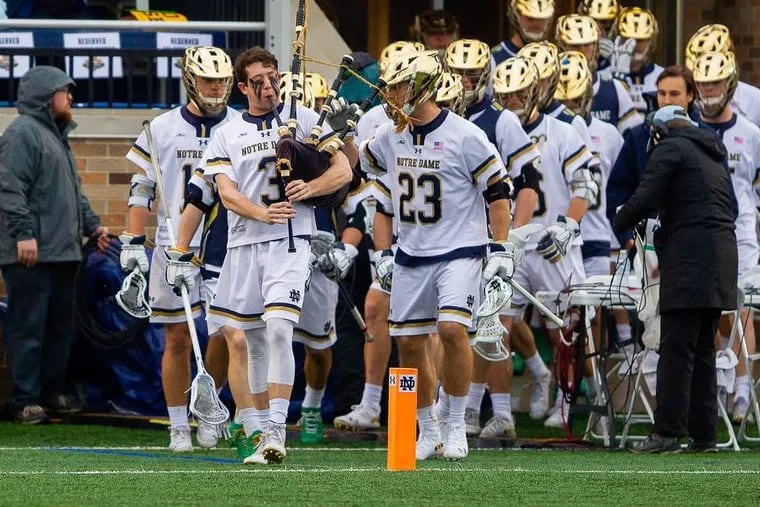 Notre Dame lacrosse player Tommy McNamara (3), a Haverford School graduate, chased down a purse snatcher and got the purse back. McNamara also is the designated bagpiper for the Irish lacrosse team.