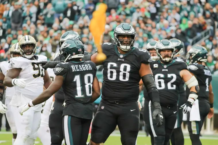 The key to the Eagles' success in 2022 remains the offensive line, including tackle Jordan Mailata (68) and center Jason Kelce (62).