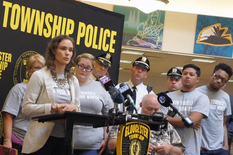 Brittany Girard, twin sister of Aimée Girard, a nurse who was shot and killed by her boyfriend last year, praises the domestic-violence initiative by Gloucester Township police. (JONATHAN LAI/Inquirer Staff)