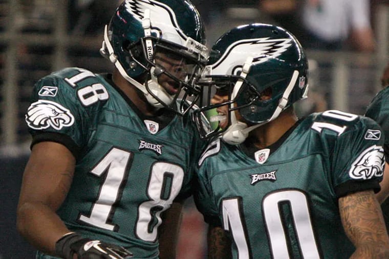 Jeremy Maclin (18) celebrates his touchdown with teammate Philadelphia DeSean Jackson (10) during the first half of an NFL football game Saturday, Dec. 24, 2011, in Arlington, Texas. (Brandon Wade/AP file)