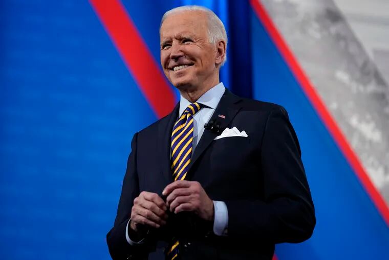 President Joe Biden on stage during a break in a televised town hall event at Pabst Theater on Tuesday in Milwaukee.