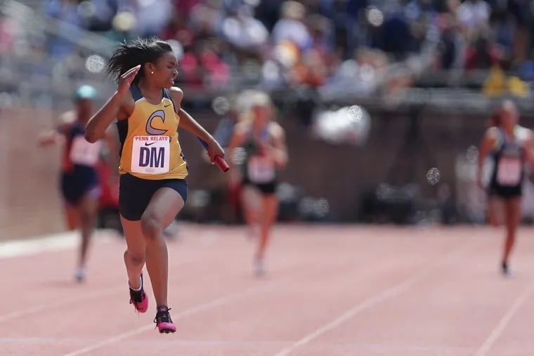 Cheltenhamâ€™s Niâ€™Asia William finishes 1st in her heat in the High School Girls 4×100 event at the Penn Relays in Philadelphia, PA on April 26, 2018. DAVID MAIALETTI / Staff Photographer