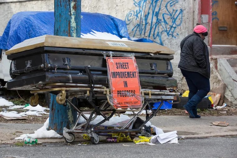 A coffin located on 16th Street near Lehigh Avenue is intended to be a violence deterrent for neighborhood kids.