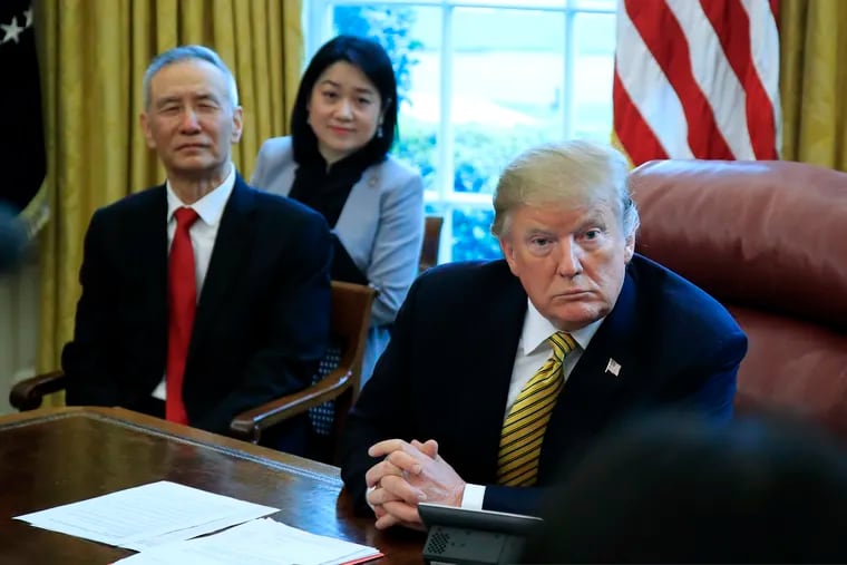 President Donald Trump speaks to reporters during a meeting with China's Vice Premier Liu He in the Oval Office of the White House in Washington, Thursday, April 4, 2019. (AP Photo/Manuel Balce Ceneta)