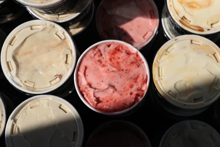 Pints of gelato are ready for preorder pick-up at Fiore Restaurant in Philadelphia, Pa. on May 26, 2021.