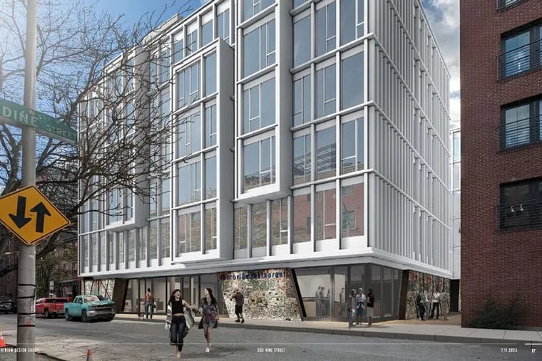This rendering, submitted to the Philadelphia Historical Commission for review in July, shows one potential design of the mixed-use, short-term rental building proposed to replace the Painted Bride Art Center in Old City. This design includes pieces of the art center's signature Isaiah Zagar's mosaic.