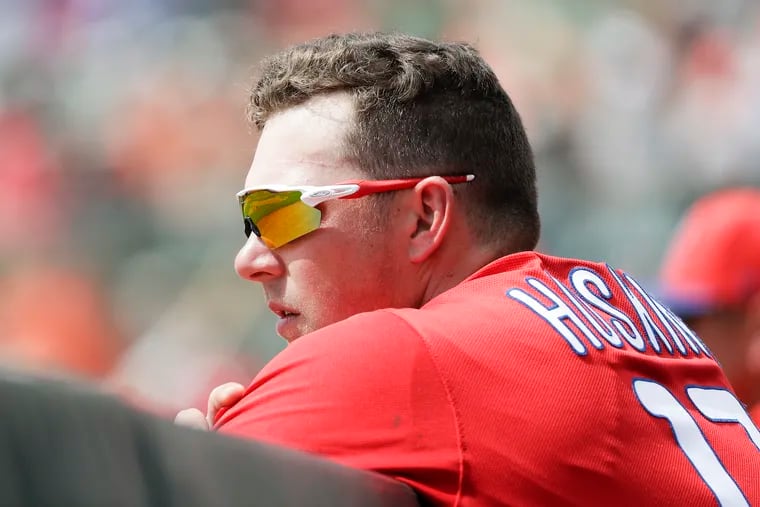 Phillies first baseman Rhys Hoskins keeps a close eye on his team at spring training.