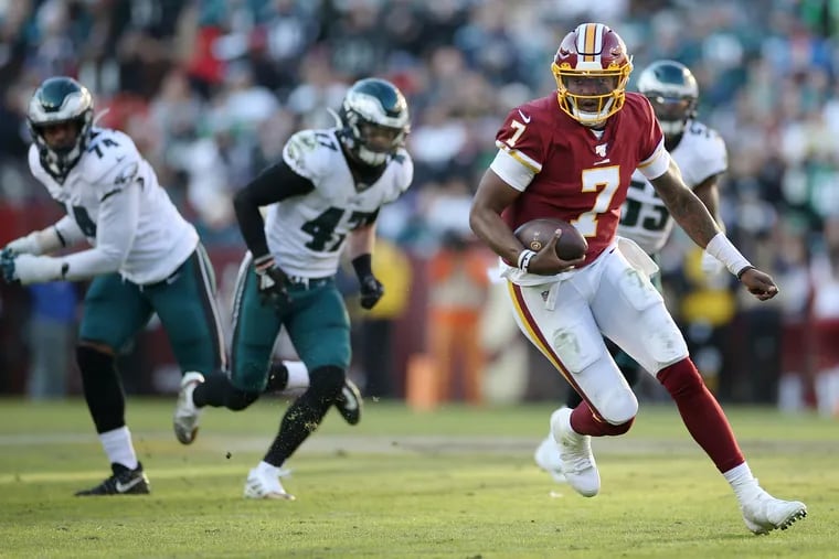 Washington quarterback Dwayne Haskins (7) running the ball against the Eagles in 2019. He will be the key to the team's success.