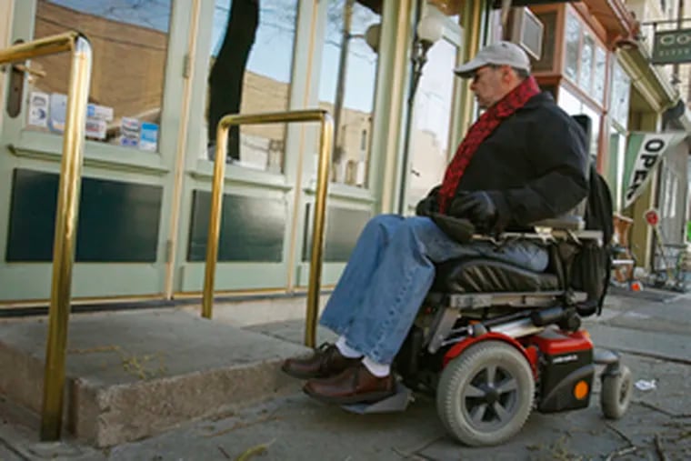 Roberts is unable to enter a restaurant in the 600 block of East Passyunk Avenue in his wheelchair. &quot;I would say 75 to 80 percent of the restaurants in this city I can&#0039;t get into,&quot; he said.