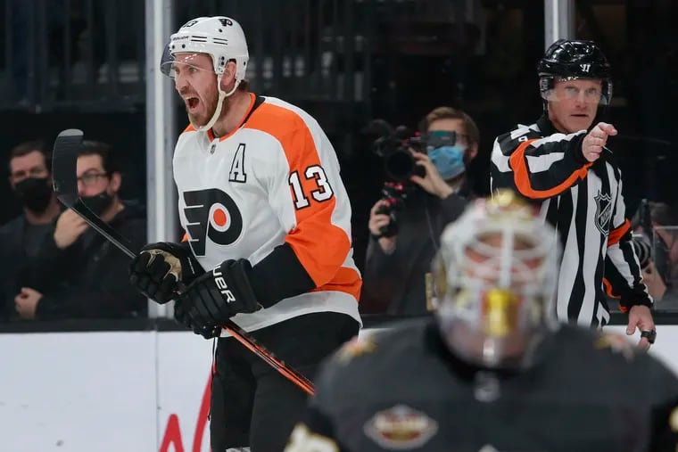 Philadelphia Flyers center Kevin Hayes (13) celebrates the game's first goal in the first period against the Vegas Golden Knights, Friday, Dec. 10, 2021, in Las Vegas.
