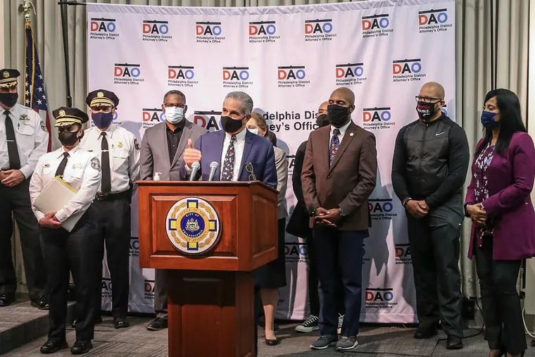 Philadelphia District Attorney Larry Krasner speaking during a press conference on November 4, 2020. The portable backdrop, or one similar, seen here behind Krasner was part of a controversy that erupted Friday evening.