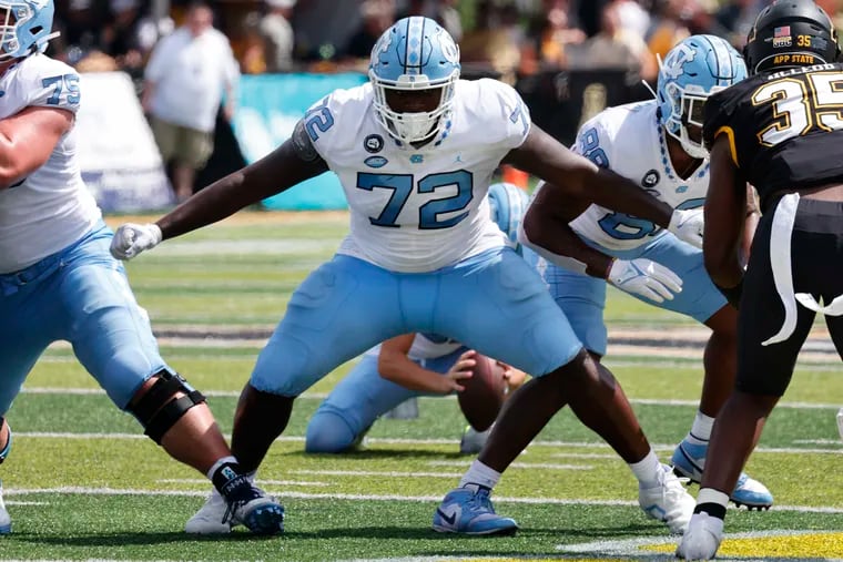 North Carolina offensive lineman Asim Richards (72) blocks during the second half of an NCAA college football game against Appalachian State , Saturday Sept. 3, 2022, in Boone, N.C.