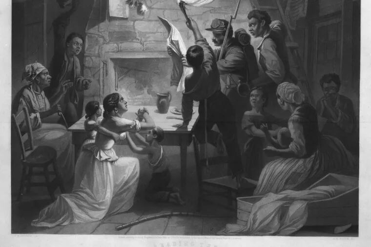 &quot;Reading the Emancipation Proclamation,&quot; an engraving by James Watts (1864).