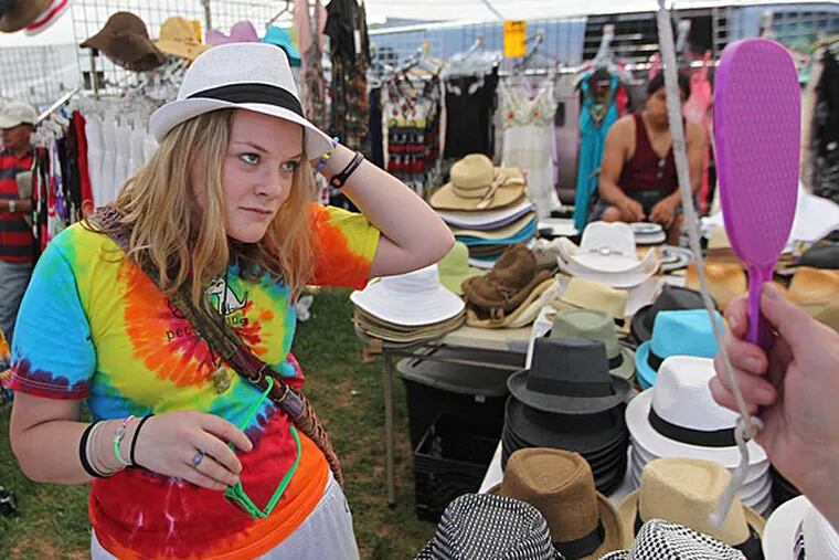 Trying on hats at Rice's Market, in New Hope, more than 30 acres and hundreds of vendors for visiting bargain-hunters.