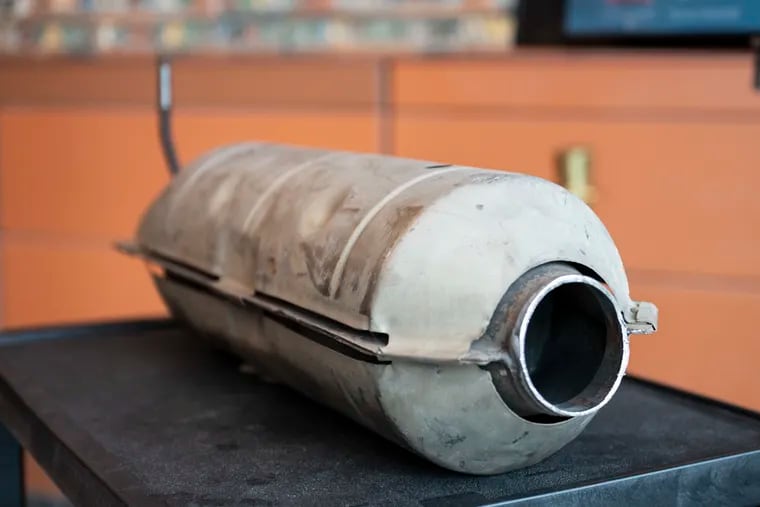 A catalytic converter on display at a news conference Tuesday in Doylestown as Bucks County District Attorney Matt Weintraub announced the dismantling of a catalytic converter theft ring that targeted victims in Bucks County, Montgomery County, and the Philadelphia region.