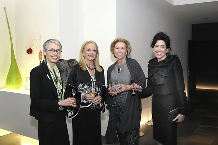 Suzanne Cohn (second from left) was host and (from left) Jane Pepper, Marjorie O. Rendell, and Catherine R. Clifton were guests at the cocktail reception in the Cohns’ Center City penthouse apartment to benefit the Kimmel Center.