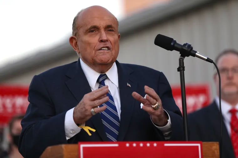 Rudy Giuliani speaks at a Nov. 4 news conference about President Donald Trump’s legal challenges to the election in Pennsylvania at Atlantic Aviation in Philadelphia.