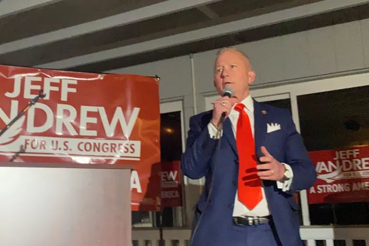 U.S. Rep. Jeff Van Drew addresses supporters in Sea Isle City Tuesday night. He appeared confident of victory but Democrat Amy Kennedy said she would await final counting of ballots.