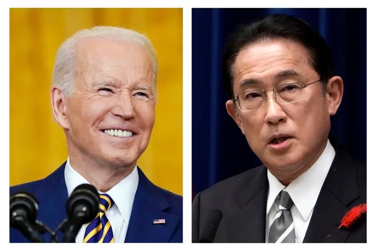 U.S. President Joe Biden, left, in Washington on Jan. 19, 2022, and Japanese Prime Minister Fumio Kishida in Tokyo on Oct. 14, 2021. Biden and Kishida are holding their first formal talks on Friday, Jan. 21, 2022, as the two leaders face fresh concerns about North Korea's nuclear program and China's growing military assertiveness. The virtual meeting comes after North Korea earlier this week suggested it might resume nuclear and long-range missile testing that has been paused for more than three years.