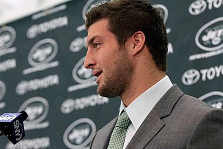 Tim Tebow addressed the New York media on Monday afternoon. (AP Photo / Mel Evans)
