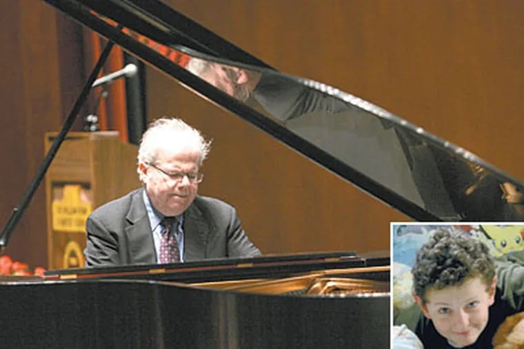 Emanuel Ax plays the Steinway donated to Penn Charter by the parents of Antonios "Tony" Thomas (inset), a Penn Charter student and classical music lover who died at age 13. (CHARLES FOX / Staff Photographer)