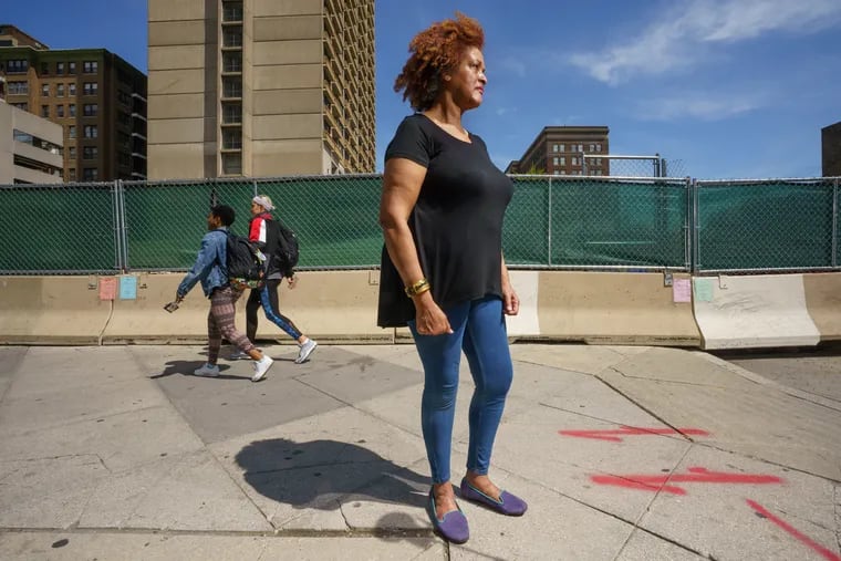Faye Anderson at the location of the former Philly International Records studio founded by Kenny Gamble and Leon Huff, which is now “a hole in the ground,” at Broad and Cypress Streets.
