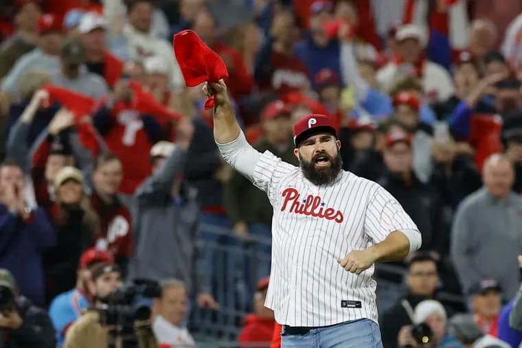 Eagles center Jason Kelce cheers with the crowd during Game 3 of the Phillies National League Championship Series against the San Diego Padres Friday night.