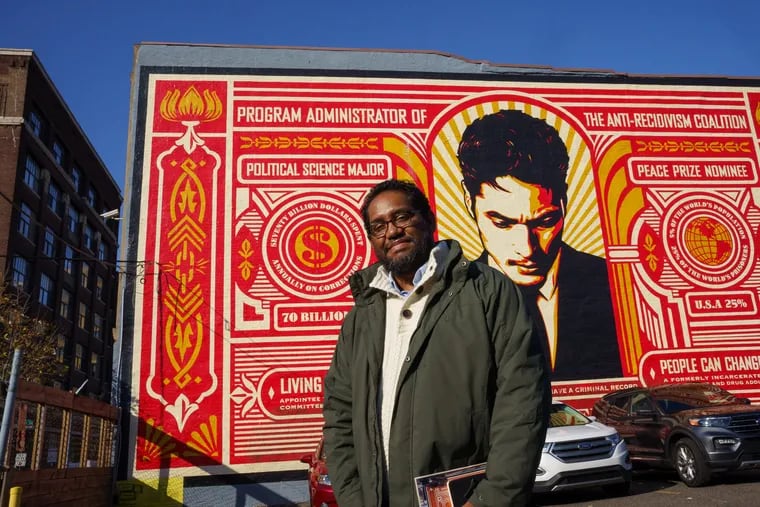 James Hough, who spent 27 years in prison as a juvenile lifer, worked on this mural while he was incarcerated. Now, he will be an artist in residence at the Philadelphia District Attorney's Office, a first-of-its-kind posting.