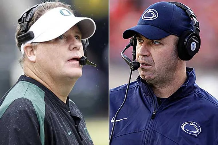 Oregon football head coach Chip Kelly (left) and Penn State football coach Bill O'Brien. (AP file photos)