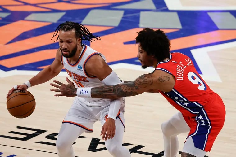Sixers guard Kelly Oubre Jr., defends New York Knicks guard Jalen Brunson during Game 1. Nick Nurse is looking for more from Oubre Jr.
