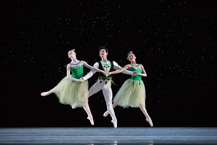 Pennsylvania Ballet dancers Jacqueline Callahan, Zecheng Liang, and Nayara Lopes in the Emeralds section of George Balanchine's "Jewels."